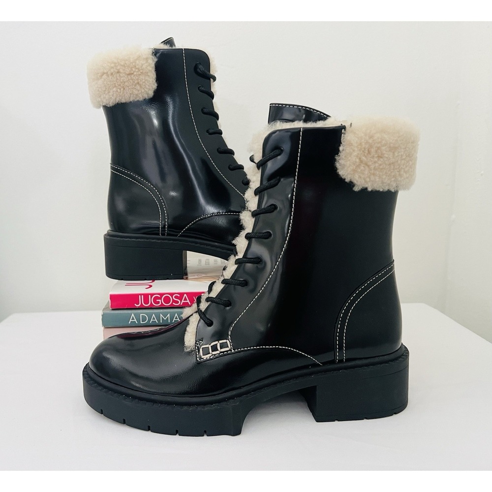 COACH Black High Shine Leather Shearling Combat Booties Uniform Dress Shoes 9.5B - Picture 2 of 13